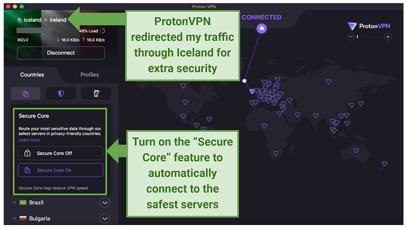 Screenshot of the ProtonVPN app using 