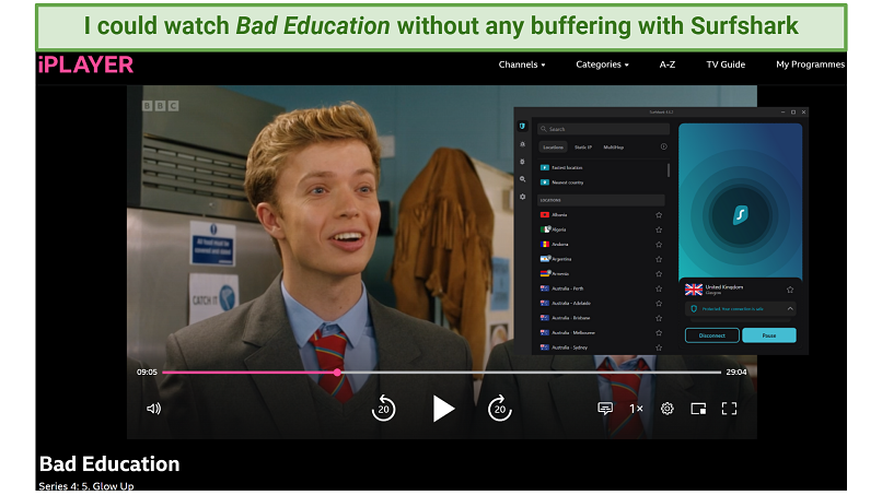 A screenshot showing an episode of Bad Education playing while connected to Surfshark's Glasgow server