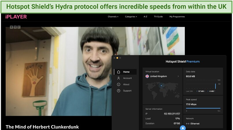 Screenshot of The Mind of Herbert Clunkerdunk streaming on iPlayer under the TunnelBear app connected to a UK server