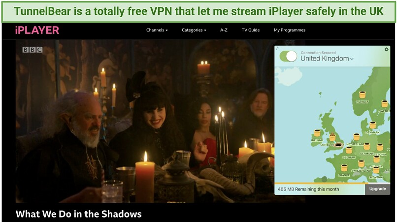 Screenshot of What We Do In The Shadows streaming on iPlayer under the TunnelBear app connected to a UK server