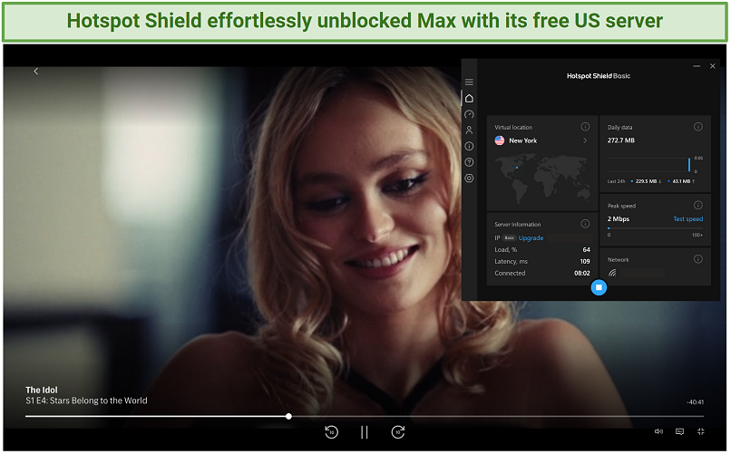 Screenshot of Hotspot Shield unblocking HBO Max on the free US server