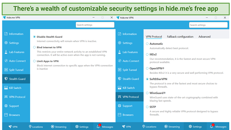 screenshot showing protocols available with hideme free and all the customization options for each protocol