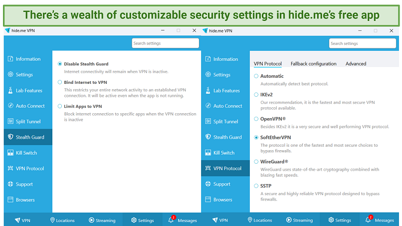 Capture d'écran montrant les protocoles disponibles avec Hideme gratuit et toutes les options de personnalisation pour chaque protocole