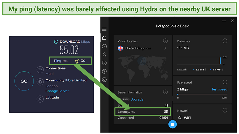 Capture d'écran montrant un VPN gratuit sur le bouclier Hotspot Affect sur le ping ou la latence