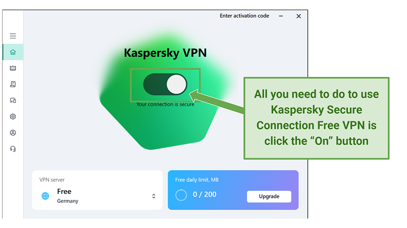 Screenshot, der viser Kaspersky Secure Connection Gratis brugergrænseflade
