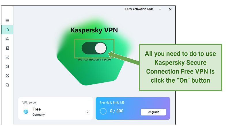 Capture d'écran montrant l'interface utilisateur gratuite de connexion sécurisée de Kaspersky