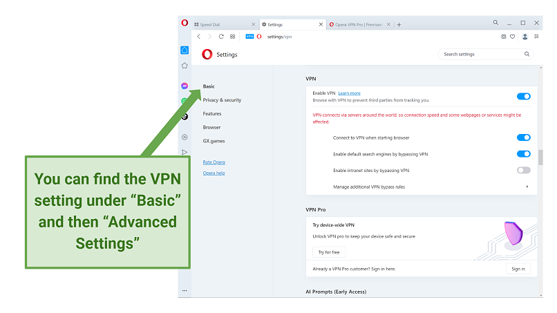 Screenshot showing the VPN setting in Opera VPN Free browser