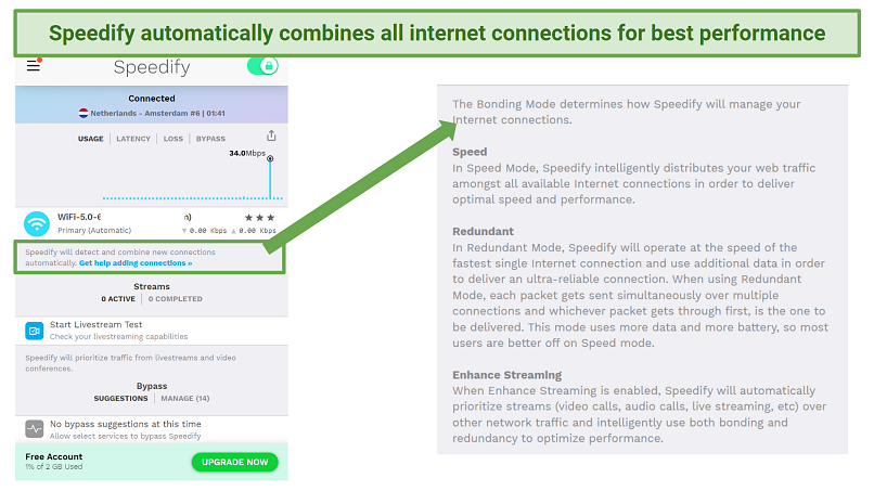 Screenshot, der viser bindingstilstand på Speedify