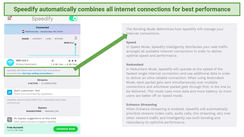 Screenshot showing bonding mode on Speedify's free VPN app