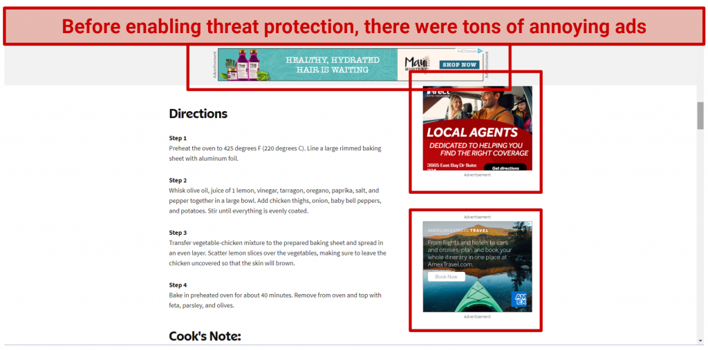 Οι μηδενικές διαφημίσεις που εμφανίζονται στο AllRecipescom με ενεργοποιημένη την προστασία απειλών