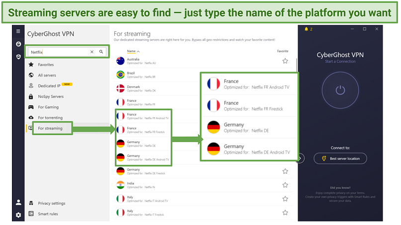 Screenshot showing easy to find streaming servers using CyberGhost app