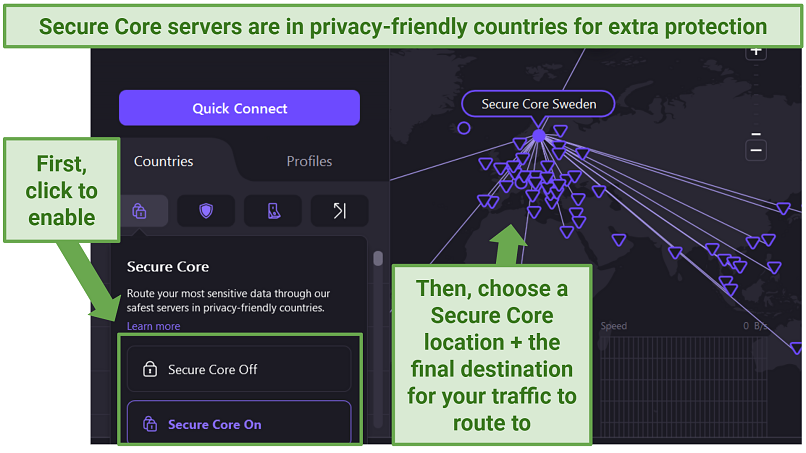 ProtonVPN's Windows app displaying Secure Core locations from Sweden