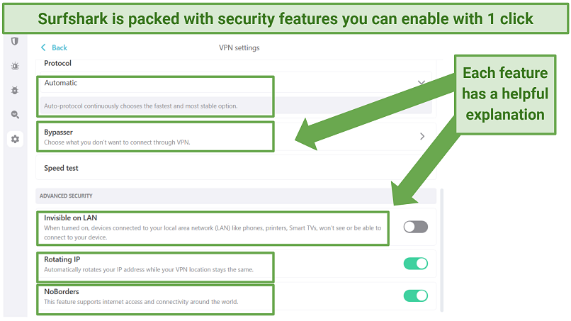 Surfshark's Windows app displaying security settings, like NoBorders and Rotating IP