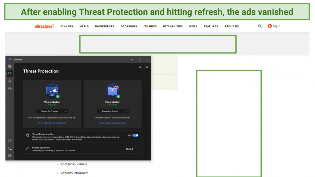 A screenshot of allrecipescom with no ads and NordVPN's Threat Protection enabled
