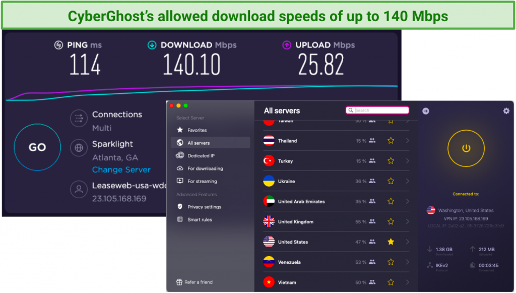 CyberGhost'un kullanıcı arayüzünün görünür olduğu VPN hız testinin ekran görüntüsü