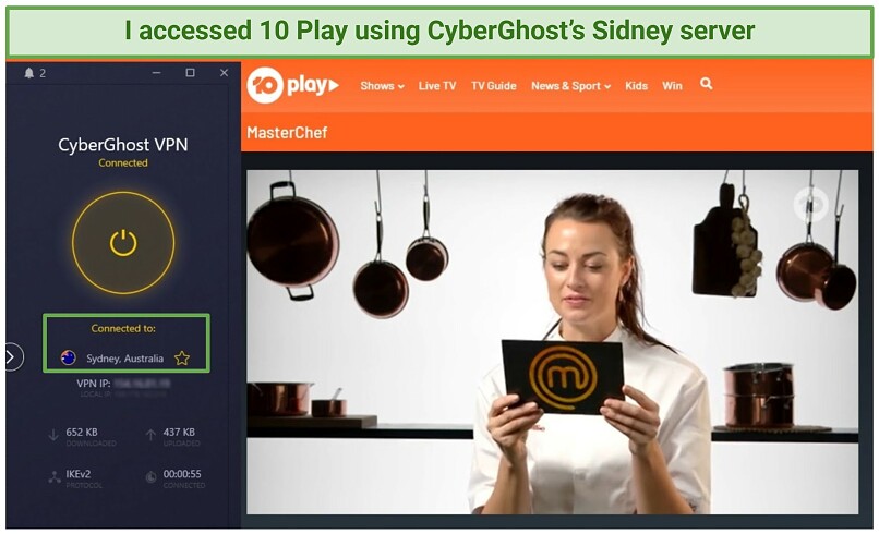 A screenshot of MasterChef Australia playing on 10 Play while connected to CyberGhost's Sidney server