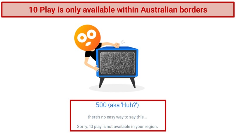 A screenshot of 10 Play showing error code 500 that says sorry, 10 Play is not available in your region