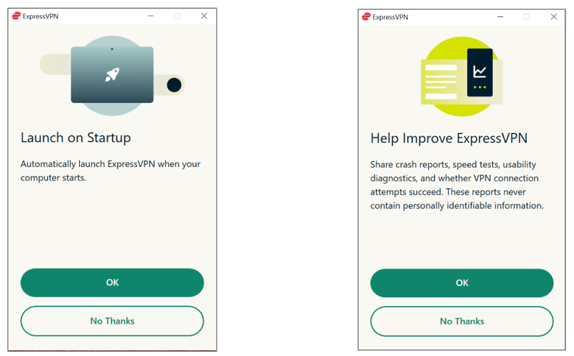 Screenshot showing how ExpressVPN asks you to launch on startup and share crash reports.