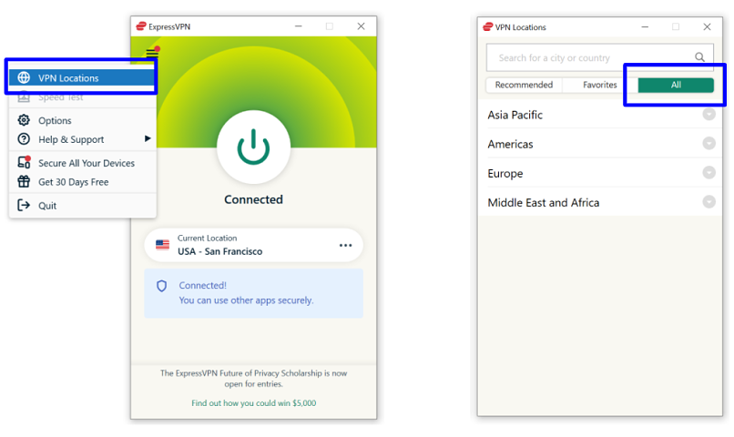Screenshot showing how to find All VPN Locations on ExpressVPN app.