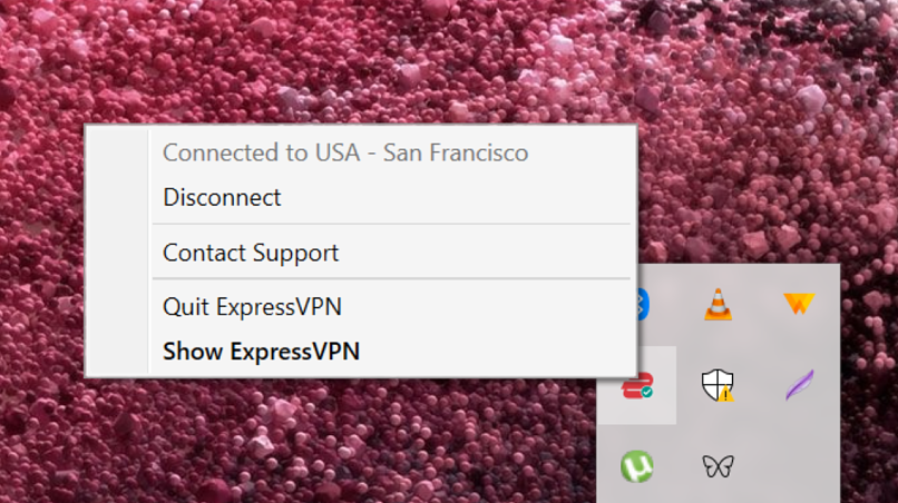 Screenshot showing options after right-clicking on ExpressVPN icon.