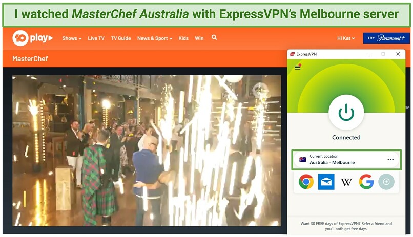 A screenshot of MasterChef Australia playing on 10 Play while connected to ExpressVPN's Melbourne server