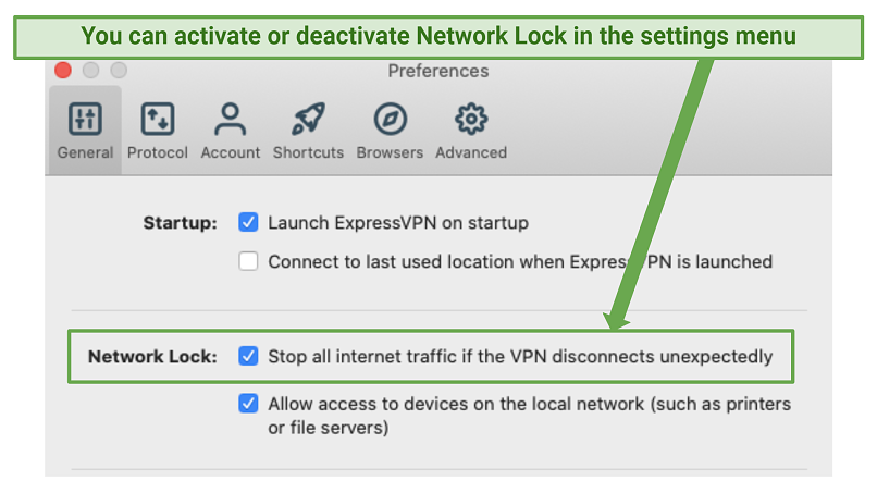 ExpressVPN'in "ağ kilidi" özelliğinin ekran görüntüsü