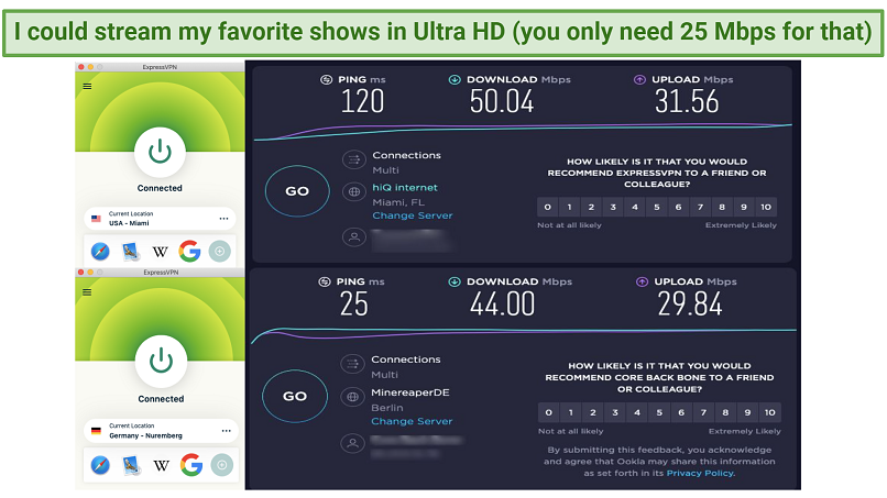 Screenshot of speedtests with ExpressVPN