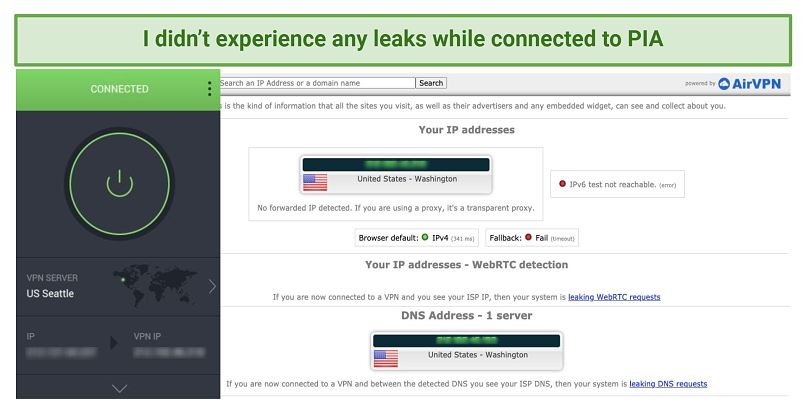 Screenshot of leak tests while using PIA