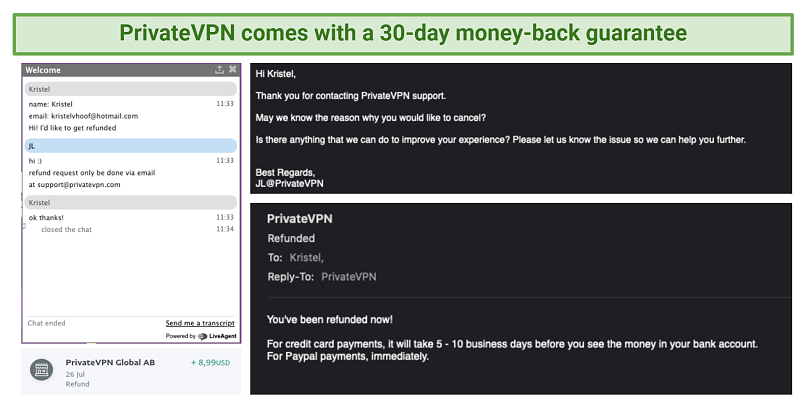 Screenshot of PrivateVPN's refund process