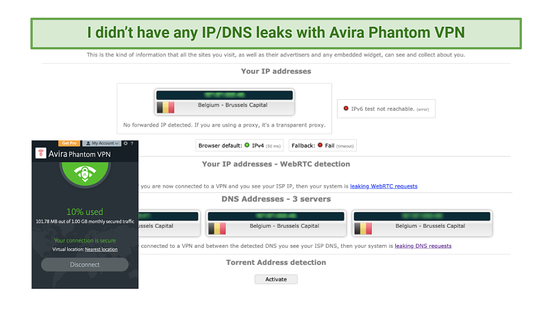 Avira Phantom VPN ile IP/DNS Sızıntı testinin ekran görüntüsü