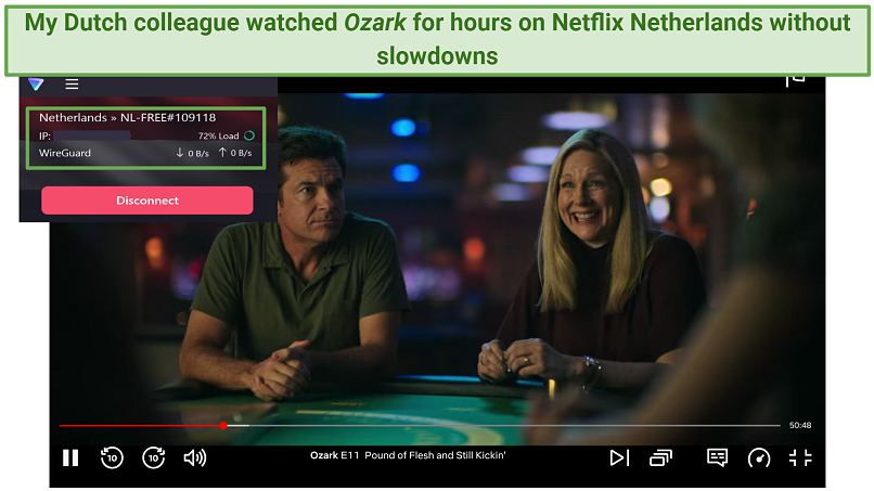 Screenshot of Netflix streaming Ozark with Proton VPN active