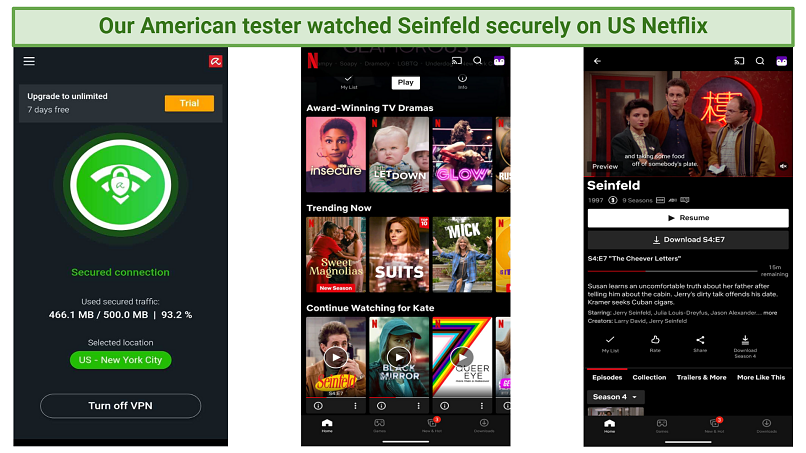 Screenshot of Netflix menu showing Seinfeld while Avira Phantom VPN is active