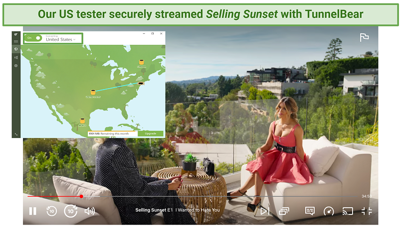 Screenshot of Netflix streaming Selling Sunset with TunnelBear active