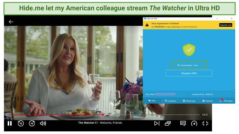 Screenshot of Netflix streaming The Watcher with hideme active