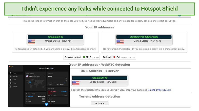 Screenshot of a IP leak test using Hotspot Shield