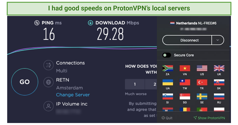 Screenshot of speedtest using ProtonVPN