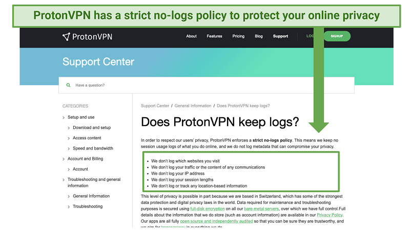 ProtonVPNs günlük kaydı politikasının ekran görüntüsü