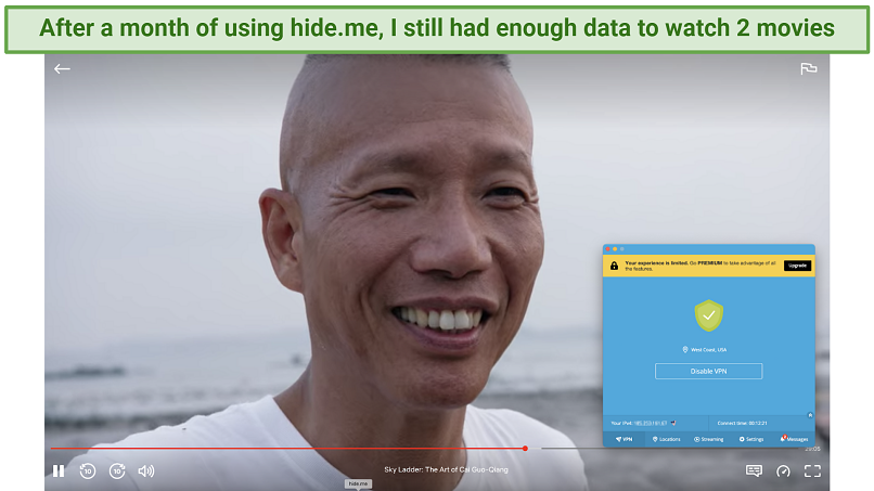 Screenshot showing the Hideme app connected to a US server over a streaming movie on Netflix US