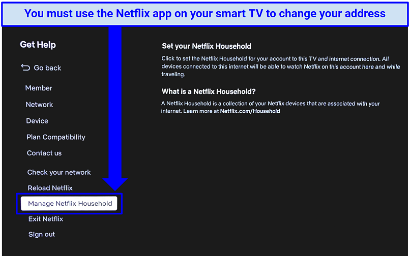 Screenshot showing how to change your Netflix home address on the smart TV app