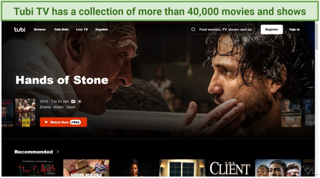 Screenshot of the Tubi TV homepage.