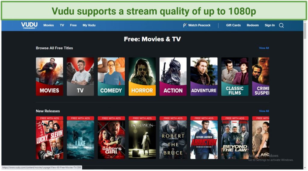 Screenshot of the Vudu's free movies page