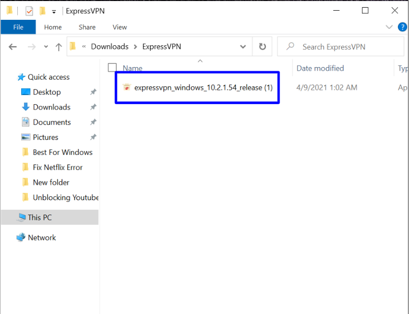 Screenshot showing where to find the ExpressVPN setup client on Windows