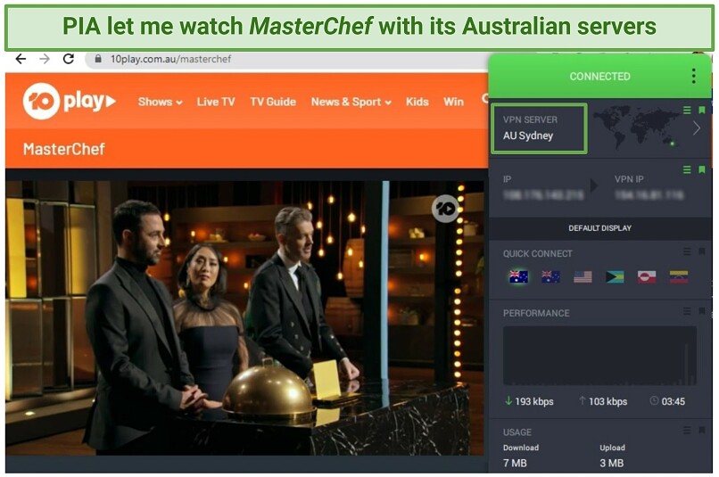 A screenshot of MasterChef Australia playing on 10 Play while connected to PIA's Sydney server