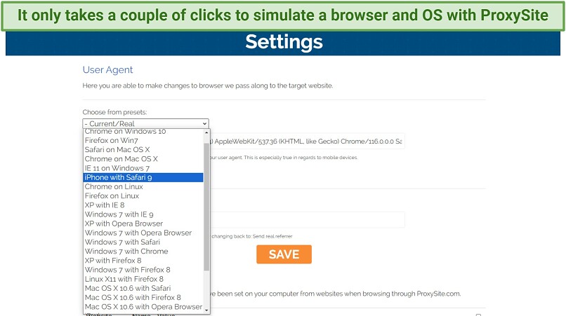 Screenshot of ProxySite settings with custom presets for browsers and operating systems