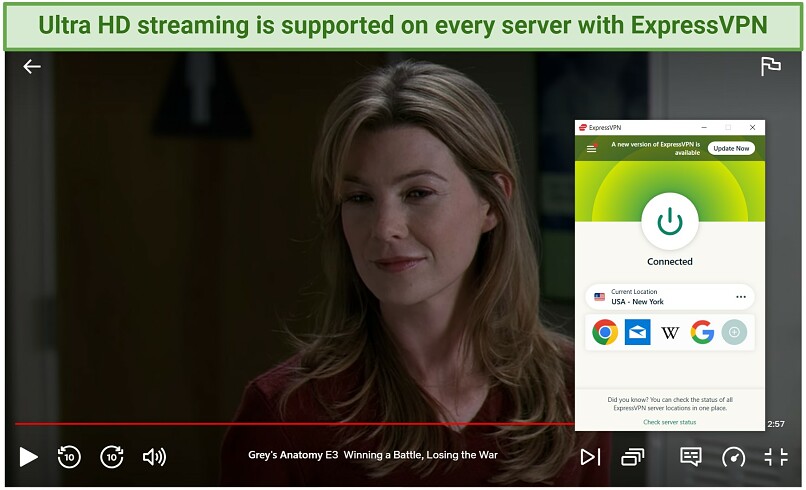 Screenshot of the ExpressVPN app connected to a server in New York, streaming Grey's Anatomy on Netflix