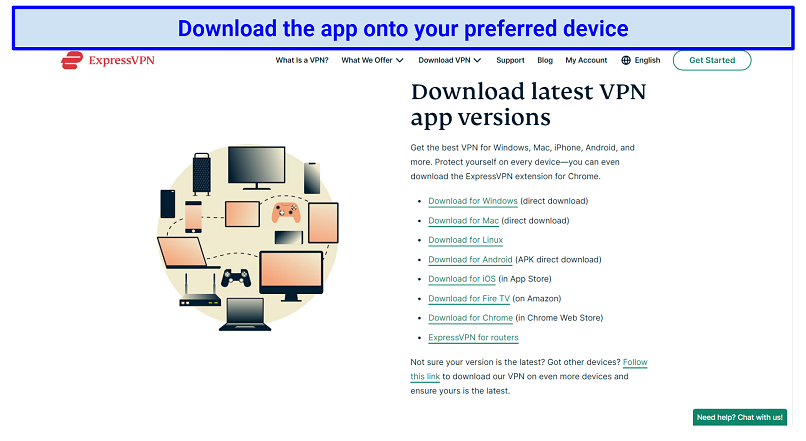 Screenshot of ExpressVPN app download page