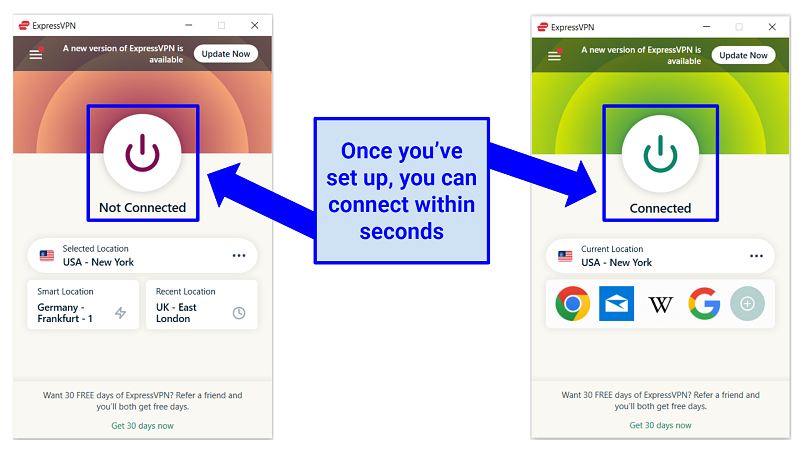 Screenshot of ExpressVPNs interface when disconnected and connected to a server