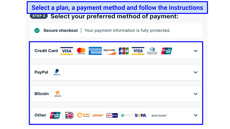 Screenshot of ExpressVPN's payment methods