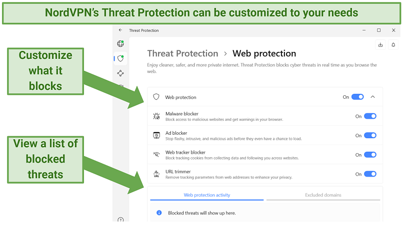 Screenshot of the NordVPN app showing its Threat Protection feature and its customization options