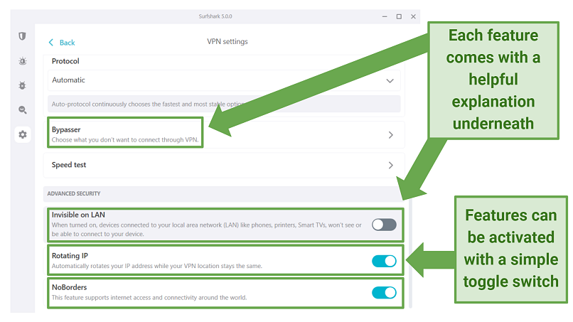 Screenshot of Surfshark's settings showing how to activate its security features